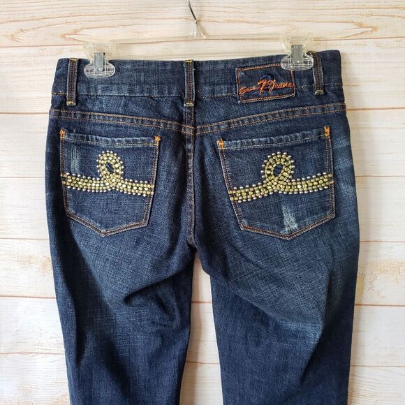 7 For All Mankind Embellished Rhinestone Distressed Regular Bootcut Denim Jeans - Picture 6 of 12